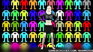 A sexy blonde is doing a striptease dance in front of the crowd