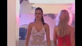 A hot model is having fun with guys at an orgy after the show