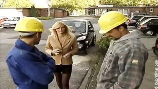 Girl in black pantyhose gets a cock sucked on the porn set with stunning detail