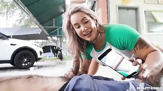 The car owner couldn’t wait for the mechanic, so she played with her wet panties