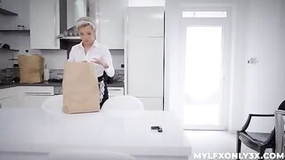 The girl is getting a bit horny with the charming maid in stockings
