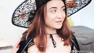Lesbian beauties have fun in a role play on Halloween night