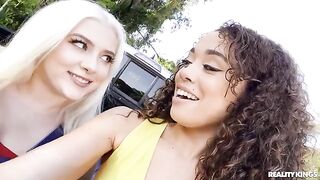 Two beautiful girls shared the same big black cock in an intense interracial scene