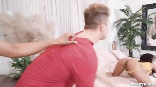 Two cute girls are having fun with their roommate in a threesome