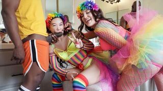 A man is having fun with girls in an equal style