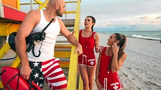 Two hot lifeguards have a fun threesome sex with a guy