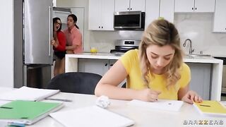 The tutor has big natural tits and she loves to fuck with her students