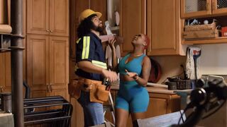 A role play with a girl in a uniform on the kitchen