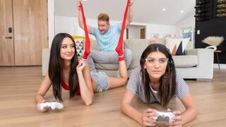 A hot girl is fucking with her boyfriend in a gamer room