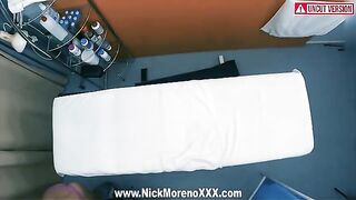 A horny masseur caresses a girl's body with his hands and dick