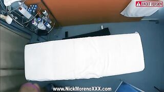 A horny masseur caresses a girl's body with his hands and dick
