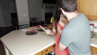 The hostess is sucking the guy’s cock through her puffy nipples