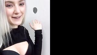 The pretty girl made a mess on her face through the glory hole in the fitting room