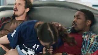 The principle of modern relations. A girl gets a cock in her ass from two guys