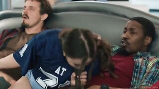The principle of modern relations. A girl gets a cock in her ass from two guys