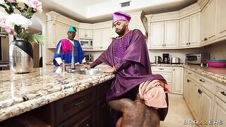 Two black beauties bounce on a big dick and make a mess
