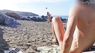 Two hot girls almost got caught jerking on the nude beach