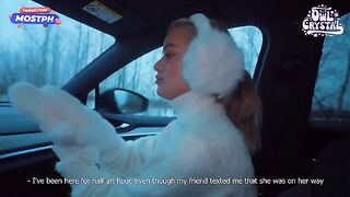 College girl gets her throat pie in a car