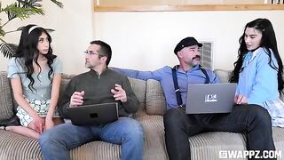 The daughters gave the father a party on the couch with girls