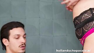 A cute girl saddled a young stallion and jumped on him