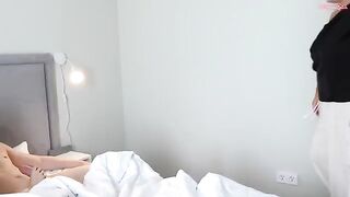 A cute girl bounces on a trampoline, exciting her stepdad in the scene