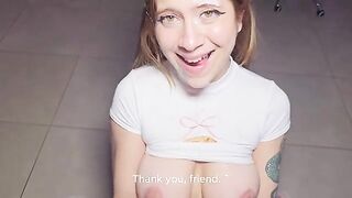 A girl is waiting for a load of cum on her face