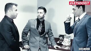 Two hot girls seduced and fucked their rich boss in an steamy office scene