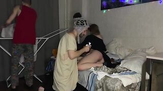 Two guys fucked a girl with narrow pussy in a party