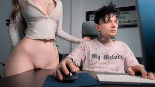 The girl rubs her pussy on the table and asks for cum