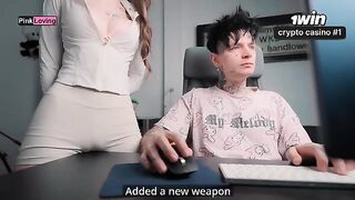 The girl rubs her pussy on the table and asks for cum