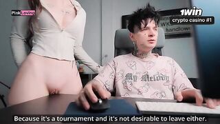 The girl rubs her pussy on the table and asks for cum