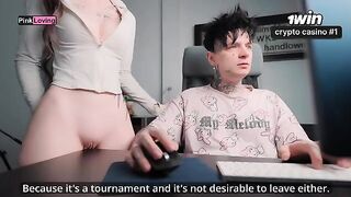 The girl rubs her pussy on the table and asks for cum