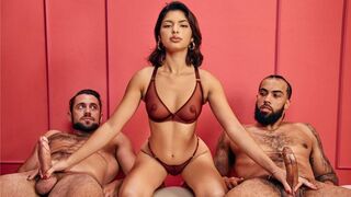 The guys' hands work together with girls in a sensual handjob scene