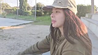 A petite actress has sex with a stranger in the jungle