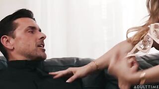 I fucked the brunette on the couch with a natural breast, and I cum on her tits