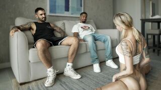 A daring woman gets fucked by two guys while her husband watches
