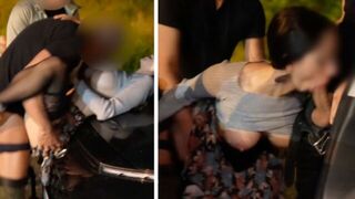 A woman is having fun with two guys in the car, it's her first experience