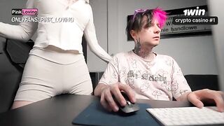 The girl rubs her pussy on the rubbing table