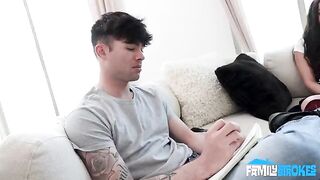 A woman with long black hair does a blowjob from the first view
