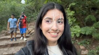 A sexy girl made a cumshot right on her face in the park, showcasing her wild side