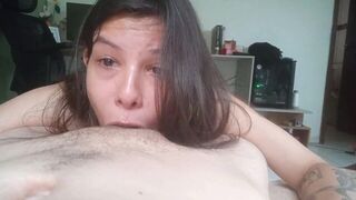 She swallows the guy's cum, she does it quite professionally
