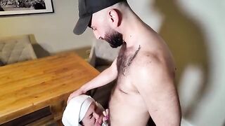 A hot young girl has sex with two muscular men
