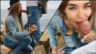 A hot blonde girl, Veronika Charm, skillfully sucks a big cock outdoors