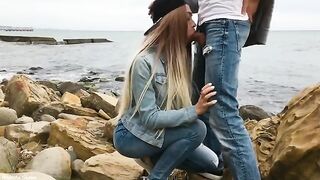 A hot blonde girl, Veronika Charm, skillfully sucks a big cock outdoors