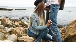A hot blonde girl, Veronika Charm, skillfully sucks a big cock outdoors