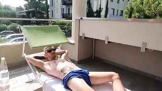 The beautiful Italian girl has sex on the balcony of her seaside villa ( Dialogues in Italian)