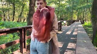 Couple engaged in public anal sex with a plug and BJ action