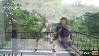 A cute Asian girl, Jasmine J, gets fucked by a machine on her balcony
