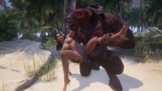 A busty girl is being fucked by two big monsters with huge cocks