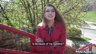 A nervous woman tries her luck through a gloryhole for cash with Public Agent
